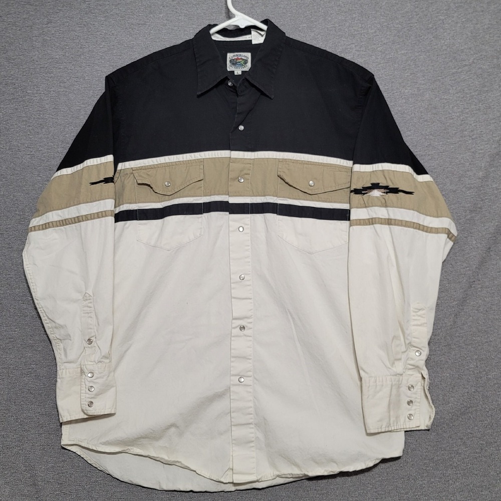 Cumberland Outfitters Western Shirt Mens Large Black white Aztec Pearl Snap